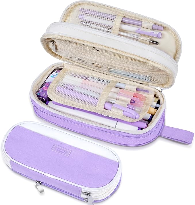 Sooez Large Pencil Case, Expandable Pencil Bag with 6 Compartments, Big Capacity Canvas Pencil Pouch Organizer with Zipper, Portable Stationery Pen Bag, Cute Aesthetic School Supplies For Teen Girls