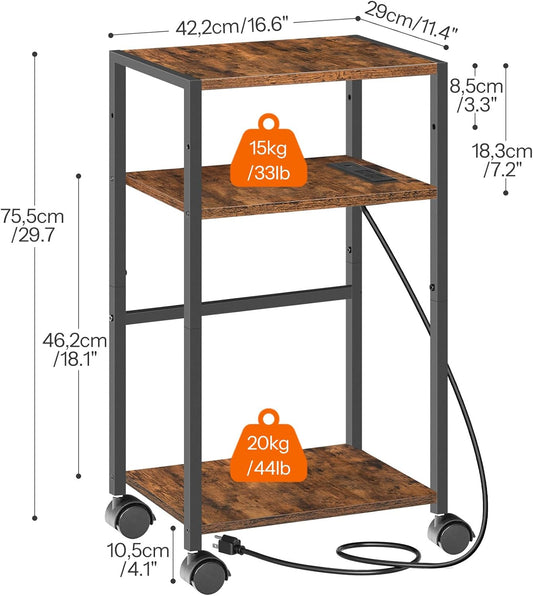 HOOBRO Computer Tower Stand, 3-Tier PC Tower Stand, PC Stand with Charging Station, Mobile CPU Stand Fits Most PC, Adjustable Shelf, for PC Tower, Printer, Home Office, Rustic Brown BF12UCJ01