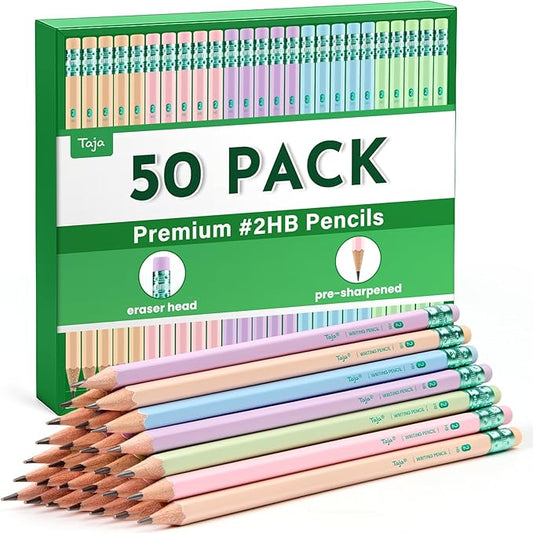 Taja 50 Pack #2 HB Wood-Cased Pencils, Pre-Sharpened with Top Erasers, Bulk Pastel Pencils for School & Classroom