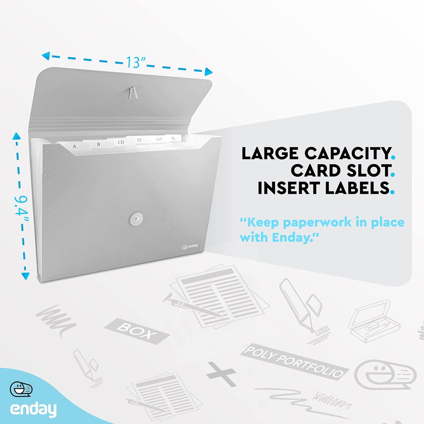 Accordion File Organizer Grey, 7 Pocket Expanding File and Cover Folder with Labels, Plastic Portable Desktop Letter A4 Paper, Also Available in Red, Green, Pink, Blue, Purple, 1 Pc – by Enday