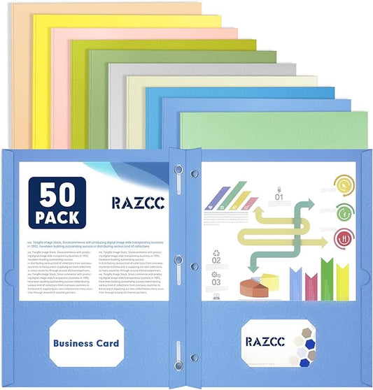 Two Pocket Folders, RAZCC 50 Pack Two Pocket Folders with Prongs, 3 Prong Folders Fit Letter Size Paper, Pocket Paper File Folders for School Office Home Business, Assorted 10 Colors