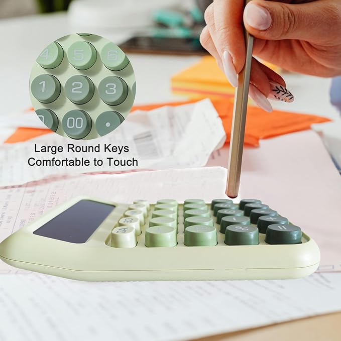 Desk Calculator, Merchanical Calculator Big Buttons,12 Digits Large LCD Display Calculator, Solar and Battery Dual Power, Battery Include, Cute Calculator for School,Office,Home,Business (Green)
