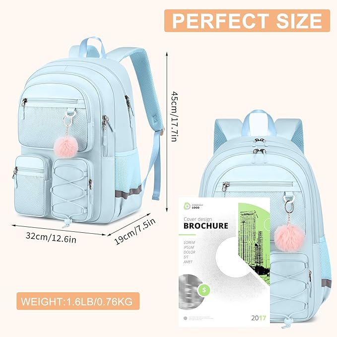 School Backpack for Teen Girls, Cute College Back Pack for Women, Kids Backpack for Girls, Middle Students School BookBag, 15.6 Inch Laptop Bag Travel Back Pack, Light Blue