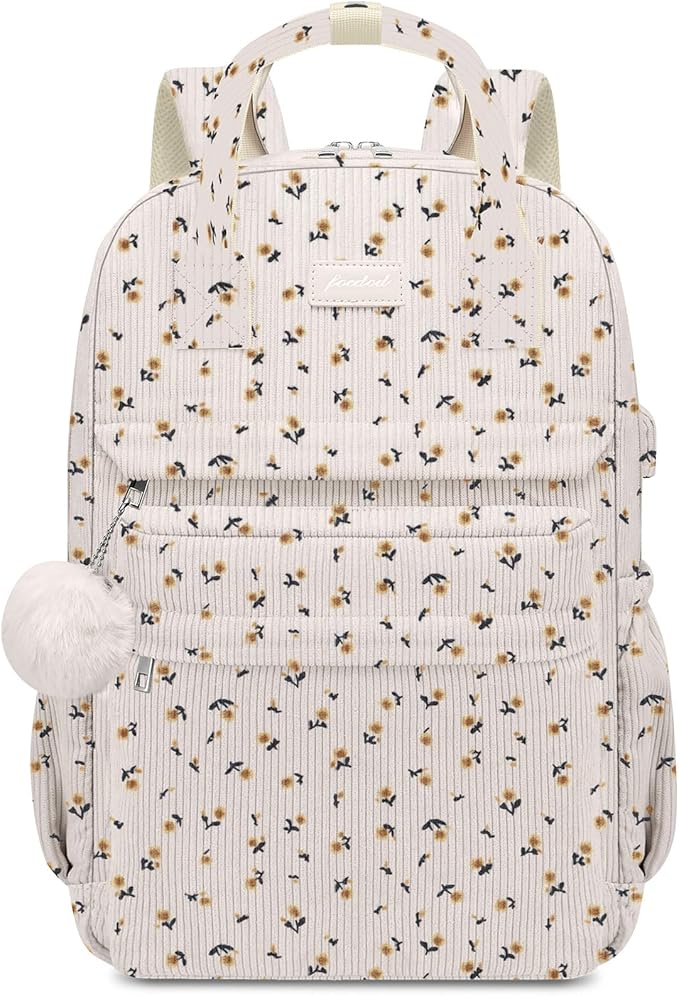 School Backpack for Girls Laptop Bookbag: Casual Corduroy Women Backpacks with USB Charging Port TSA Friendly Travel Back Pack with Anti-Theft Pockets Cute College Daypack for Teen Students Flowers