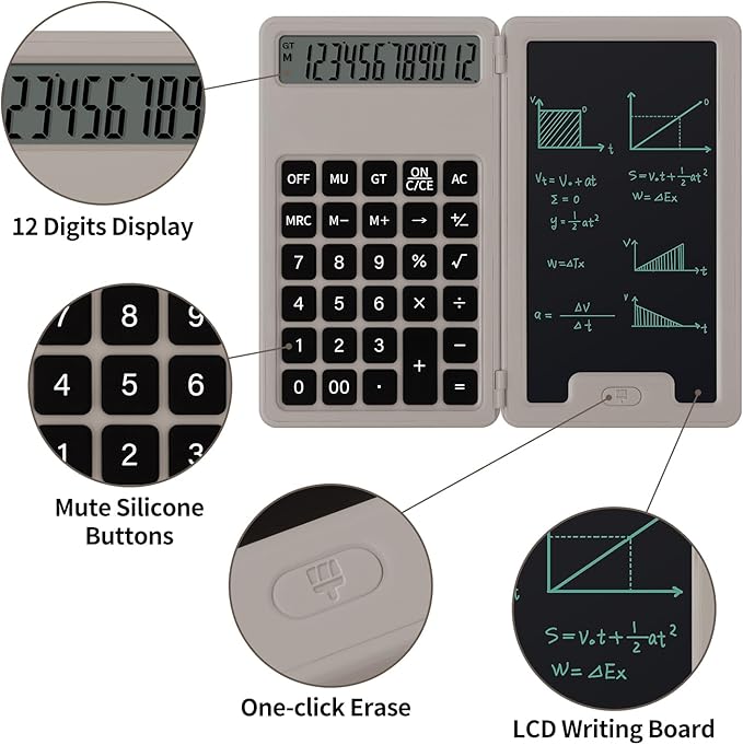 Desk Portable Basic Calculator with Notepad and Stylus, 12 Digit Large Display Multi-Function for Office, School, Home & Basic Financial (Khaki)