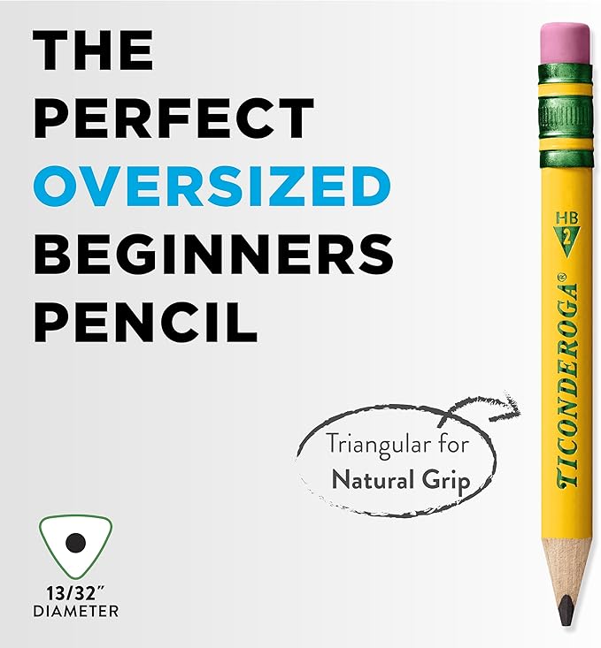 Ticonderoga My First Short Triangular Wood-Cased Pencils, #2 HB Soft, With Erasers, Yellow, 12 Count