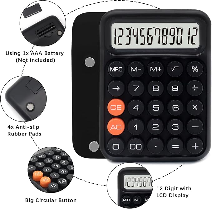 Black Calculator, UPIHO Standard Calculator,12 Digit Display and Big Buttons,Black Office Supplies and Desk Accessories,Cute Office and School Accessory