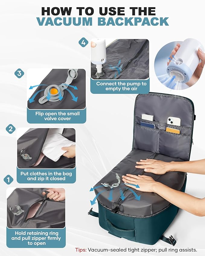 coofay Large Vacuum Backpack Travel with Pump Vacpack Travel Backpack with Vacuum System Compression Backpacks for Travel Easy Vac Pack Carry on Luggage