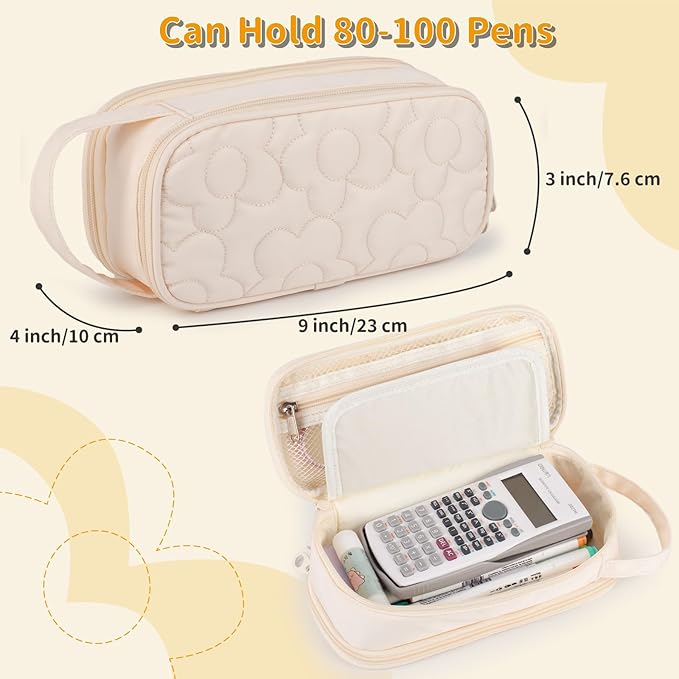 Pencil Case For Girls,Flower Quilted Large Capacity Pencil Pouch With 2 Compartment, Zipper Pencil Bag With Handle, Women Soft Pencil Box For Middle School Office College