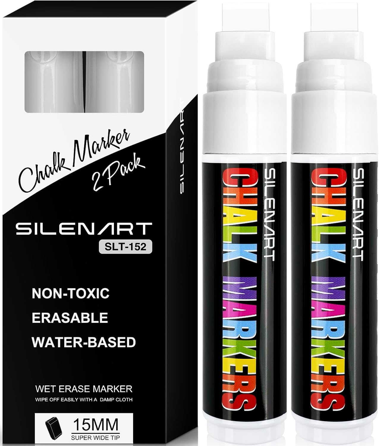 SILENART White Chalk Markers - 15mm Jumbo Tip Car Marker - Wide Thick Window Chalk Pen for Chalkboard, Window, Glass, Mirror, Blackboard