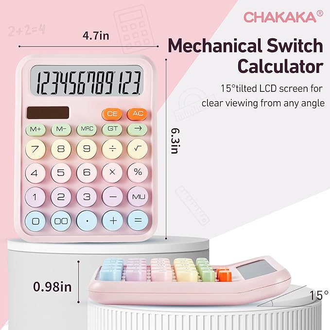 Basic Desktop Calculator with 12-Digit Large LCD Display & Big Buttons – Dual Power (Solar & Battery), Easy to Press Mechanical Switch Calculator – Cute Office Desk Supplies for Home and School (Pink)