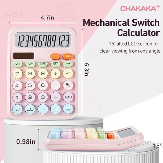 Basic Desktop Calculator with 12-Digit Large LCD Display & Big Buttons – Dual Power (Solar & Battery), Easy to Press Mechanical Switch Calculator – Cute Office Desk Supplies for Home and School (Pink)