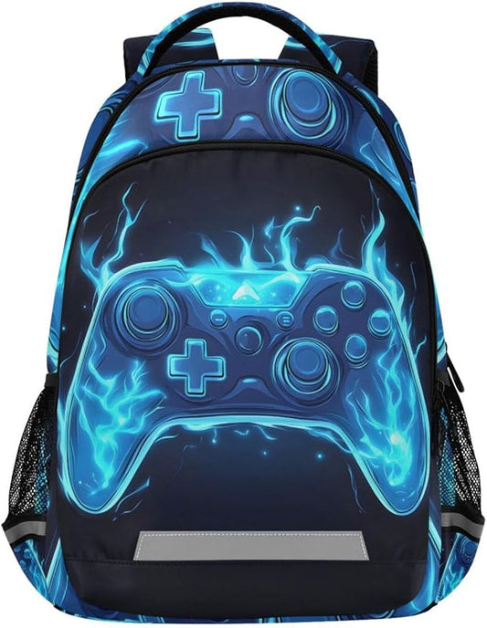 Joystick Video Game Blue Flame Backpack for Boys Girls Elementary School Bag Kids Bookbag Travel Rucksack