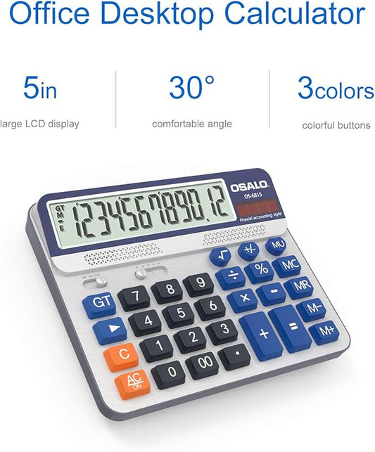 Desktop Calculator Extra Large 5-Inch LCD Display 12-Digit Big Number Accounting Calculator with Giant Response Button, Battery & Solar Powered, Perfect for Office Business Home Daily Use(6815-2pcs)