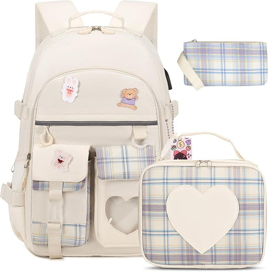Backpack for Girls - Bookbag Backpacks Schoolbag for Girls Kids Teen Women Casual Travel Daypacks - School Bag Elementary Middle School College Cute Backpack with Lunch Box (Beige)