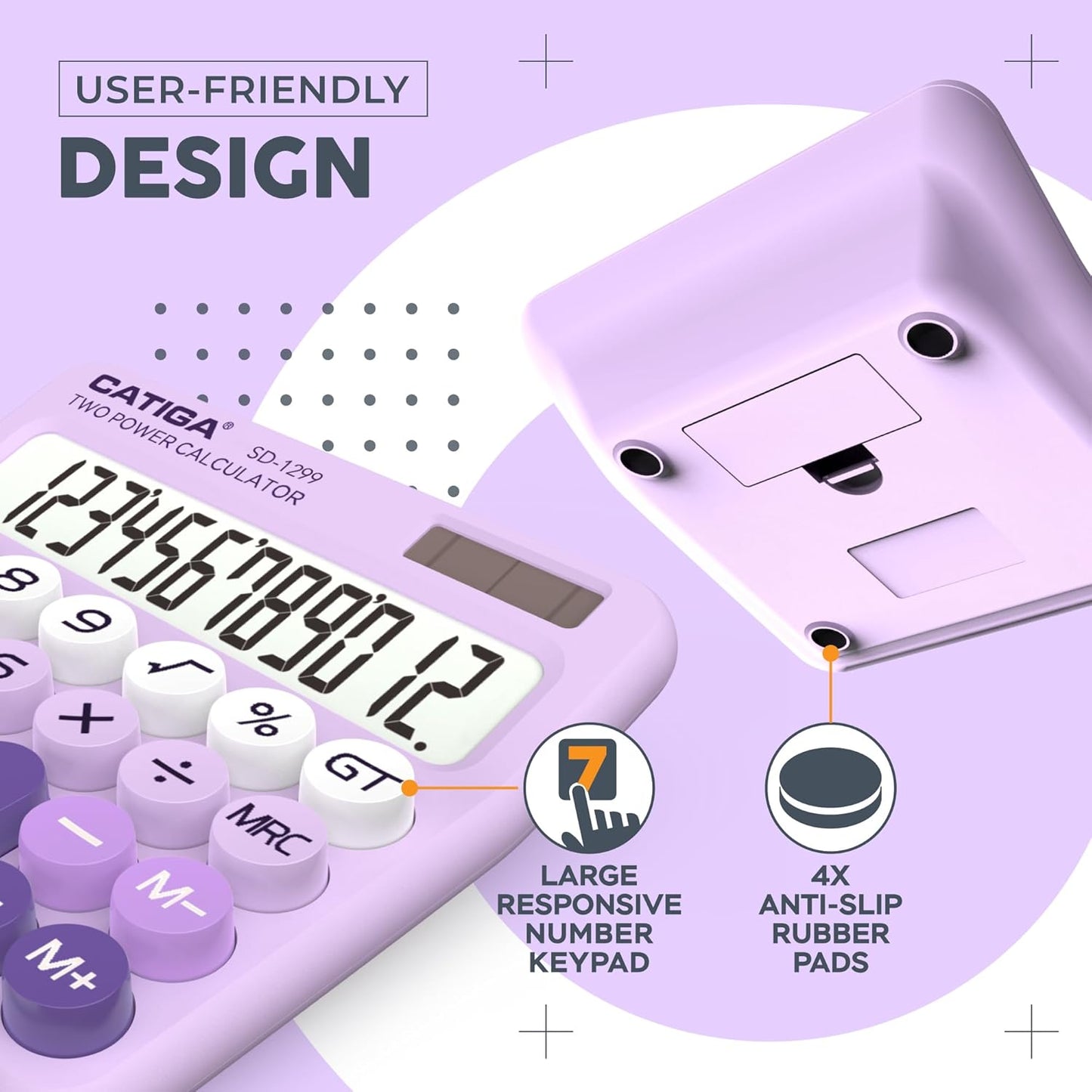 CATIGA Mechanical Switch Calculator with Solar and Battery Dual Power, 12-Digit Large LCD Display, Aesthetic and Cute Desktop Calculator with Big Button, for Home, School and Office Use, SD-1299