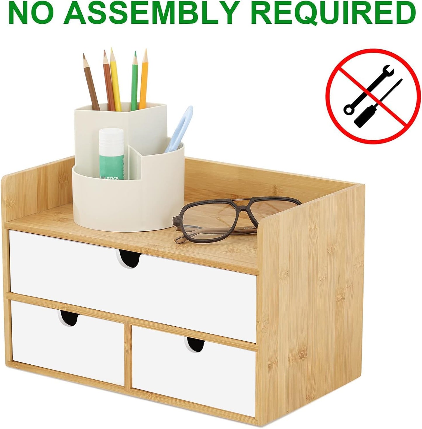 Wisuce Desk Organizer with Drawers - Bamboo Desktop Organizer Storage | Natural-White Wood Desk Drawers Organizer for Bills, Office Supplies, Cosmetics, Seals No Assembly Required