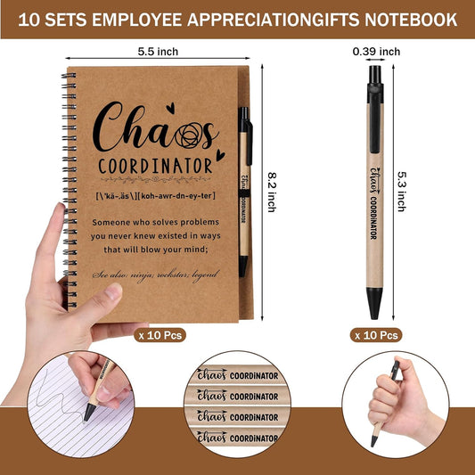 Nezyo 10 Sets Chaos Coordinator Gifts Employee Appreciation Week Notebook with Ballpoint Pen Spiral Notebook Teacher Appreciation Gifts Bulk for Women Men Journals Thank You Cowerker (Brown)
