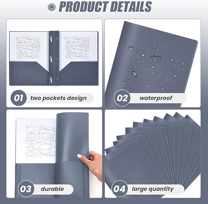 Lincia 100 Pcs Plastic Folders with Pockets and Prong Folders with Prongs Plastic Folders with 2 Pockets Pocket Folders for Office, School for Students, Teachers, Office Workers (Grey Blue)