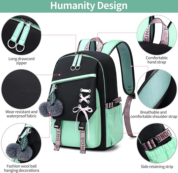 FENGDONG Teenage Girls Bookbag school Backpack Children Casual Daypack Schoolbag for Teens Green