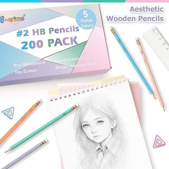 V-Opitos 200 Pack #2 HB Pencils, Bulk Wood-Cased Pre-Sharpened Pastel Color Pencils with Top Erasers, School Teacher Supplies, Writing, Drawing and Sketching