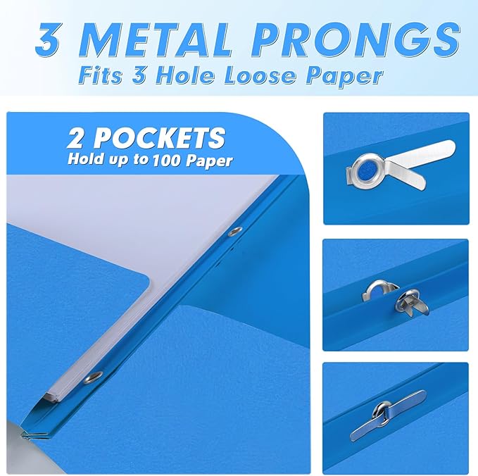 PANDRI Two Pocket Folders, 30 Pack with Prongs, Letter Size, Lightblue
