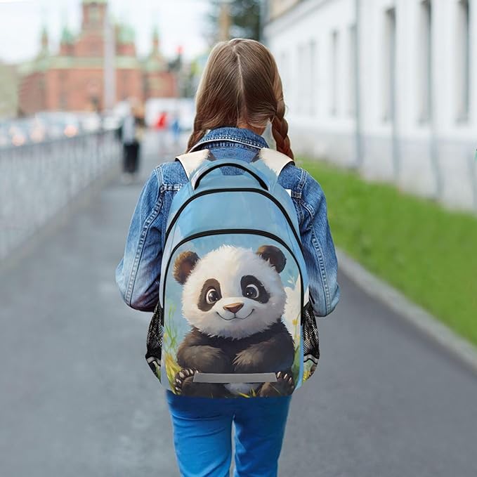 Panda in Grass Backpack for Boys Girls Elementary School Bag Kids Bookbag Travel Rucksack