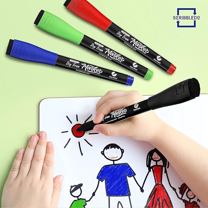 Scribbledo Magnetic Dry Erase Markers, Fine Tip, Assorted Colors, Low Odor, with Eraser Cap, Thin Whiteboard Markers for Adults, Students, Teachers, Kids (12 Pack)