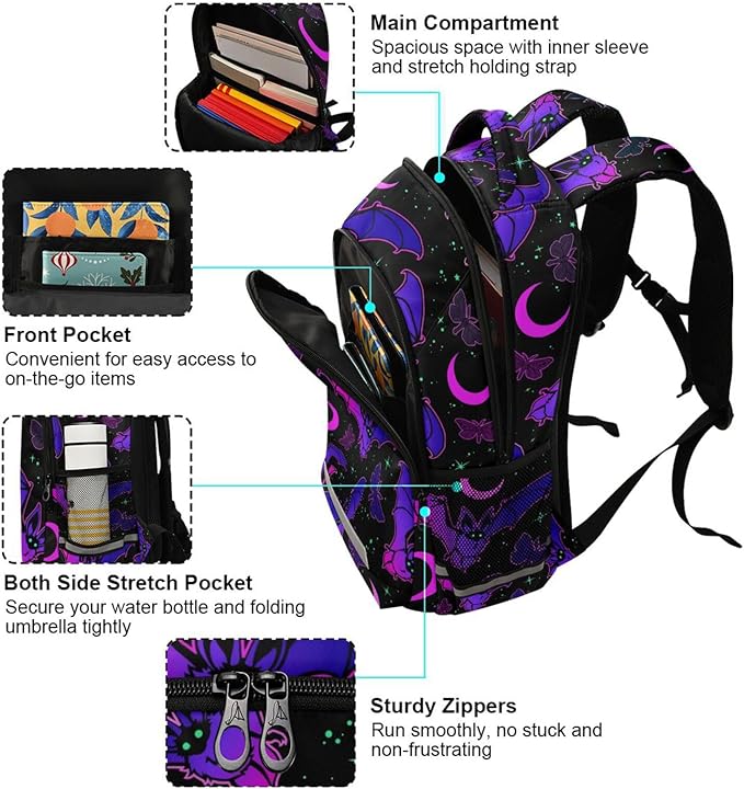 Bat Backpack for Students Boys Girls Purple Bat Gothic School Bag Travel Daypack Rucksack