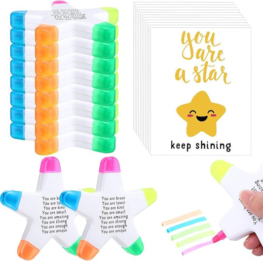 24 Sets Back to School Gifts for Students Star Highlighters with You're a Star Cards Gift Bags 5 in 1 Fluorescent Pens Affirmation Gifts for First Day of School Party Favor (Brave)