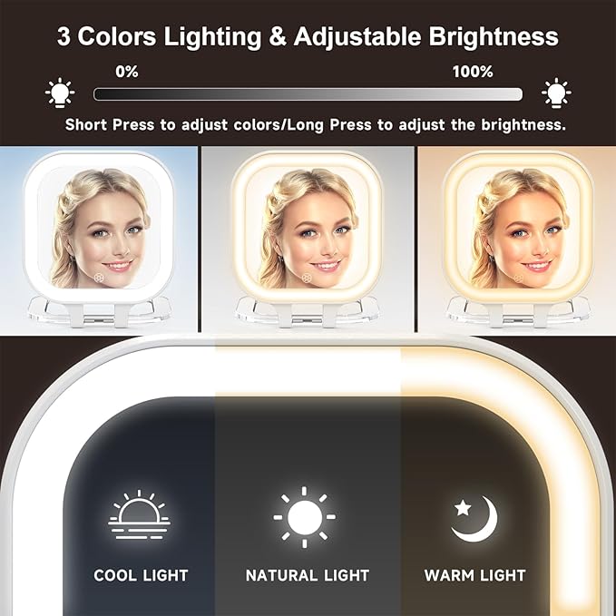 Mocado Compact Travel Makeup Mirror, 1X/30X Magnifying Mirror with Light, Double Sides Compact Mirror with 3 Color Light, Dimmable Handheld Mirror, Rechargeable Travel for Purse,Pocket(White)