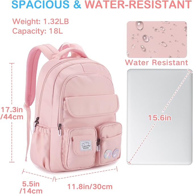 VASCHY Backpack for Girls, Cute School Bag Bookbag for Elementary Middle Schooler Teen Girls/Kids Travel with Clear Pin Pouch Pink