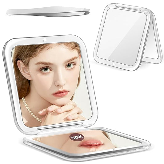 MIYADIVA Compact Mirror, 30X Magnifying Mirror, Pocket Mirror for Purse, Travel Makeup Mirror with 30X/1X Magnification, Travel Essentials Mirror, Precision Tweezers, Present for Girls