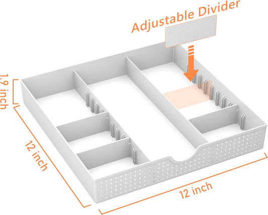 CAXXA 3 Slot Drawer Organizer with 4 Adjustable Dividers - Junk Drawer Storage for Makeup & Vanity, Office Desk Supplies and Accessories (WHITE, 1 PACK)