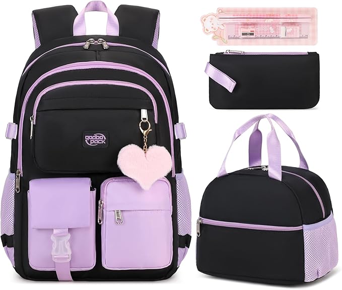 3PCS School Backpack For Student Women College Middle High Teen Girls Bookbag Waterproof Laptop Bag Black Purple