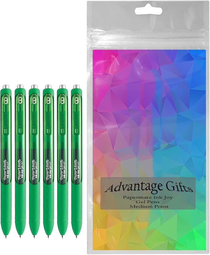 Paper Mate InkJoy Gel Pens, Green Ink, Medium Point (0.7mm), 6 Count, Bundle with Plastic Reusable Pouch