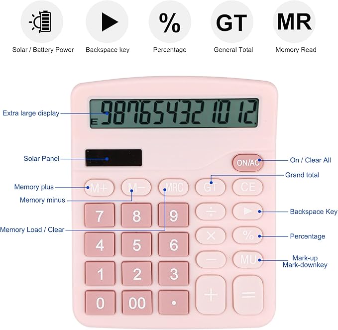 Desk Calculator, Envysun 12-Digit LCD Display Office Calculator – Dual Power, Compact and Lightweight, Easy-to-Read Display, Durable for Business, School, and Home (Pink)