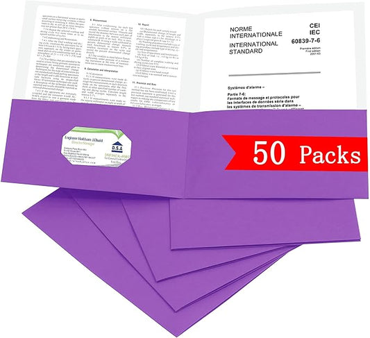 Zzrywuty 50 Packs Paper Folders with Pockets for Students,Businessmen and Office Workers,Letter Size,Two Pocket Folders with Card Slot for Office,Business,School Supplies (Purple)