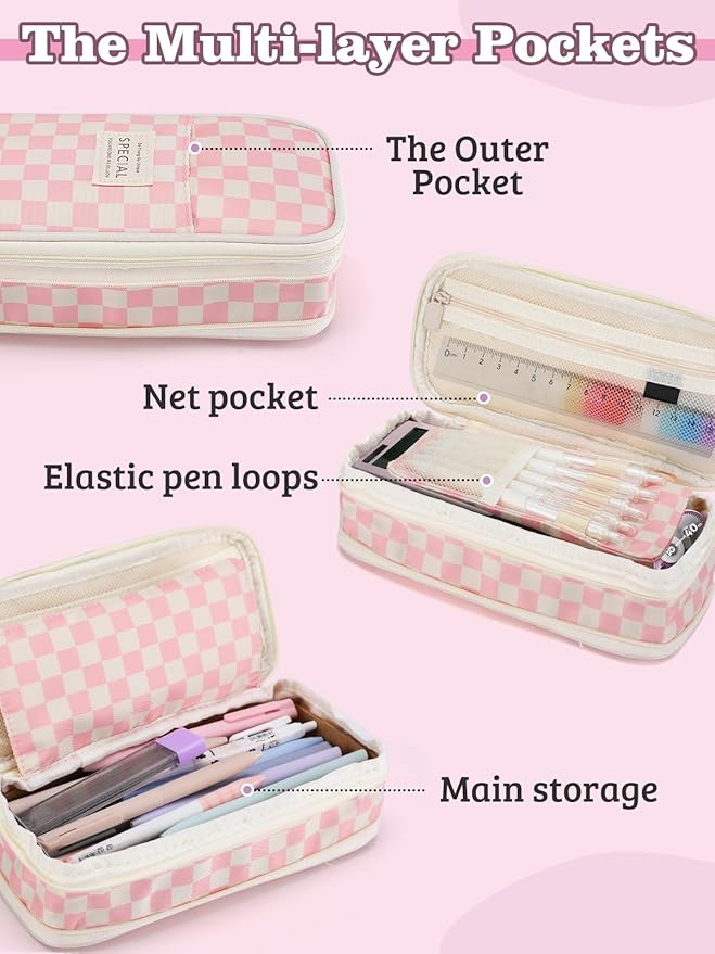 Large Capacity Pencil Case for Teens Girls - Cute Checkerboard Pencil Pouch with Zipper, Stationery Bag Box for Student Back to School Gifts, Pink