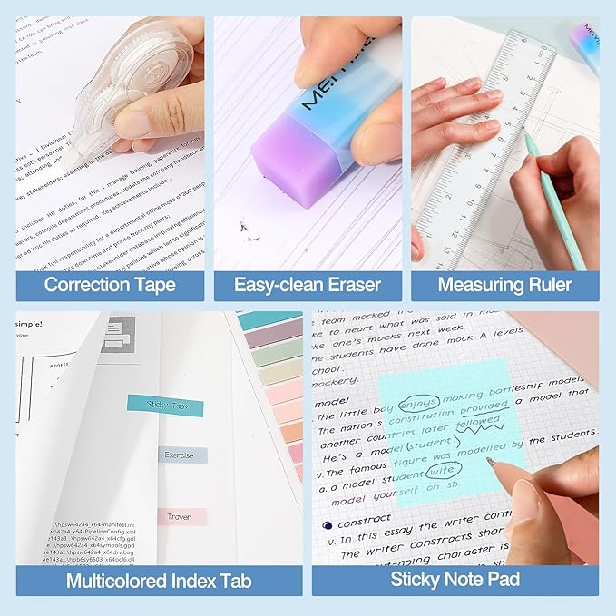 MoKo 56 PCS Aesthetic School Supplies with Pencil Pouch, Cute Stationery Set for Students Office, 12 Gel Pens, 12 Pastel Highlighters, 6 Mechanical Pencils 0.5 & 0.7mm, Sticky Note Index Tab (Pink)