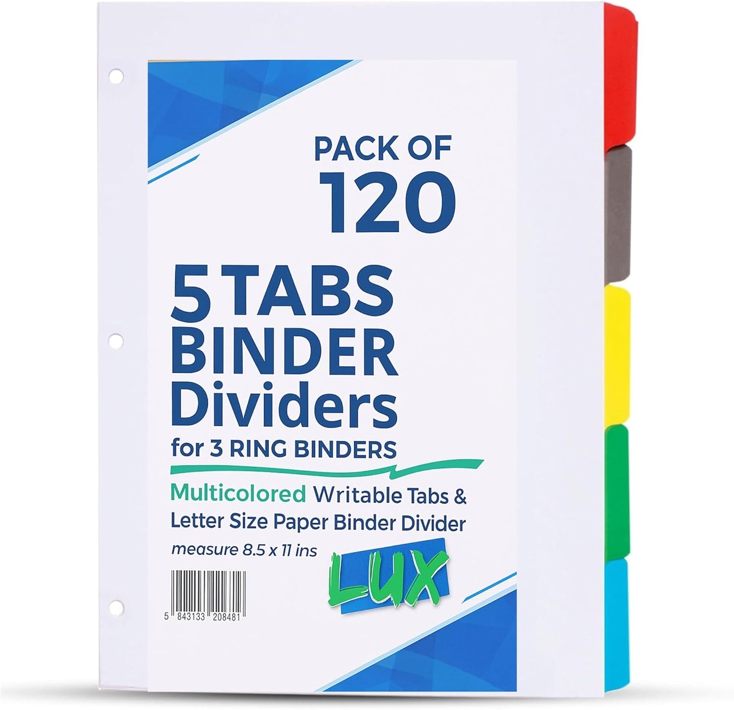 LUX Binder Dividers - Pack of 120-5 Tabs Binder Dividers for 3 Ring Binders - Multicolored Writable Tabs & Letter Size Paper Binder Divider - Ideal for School, Office, Home & Business Organization