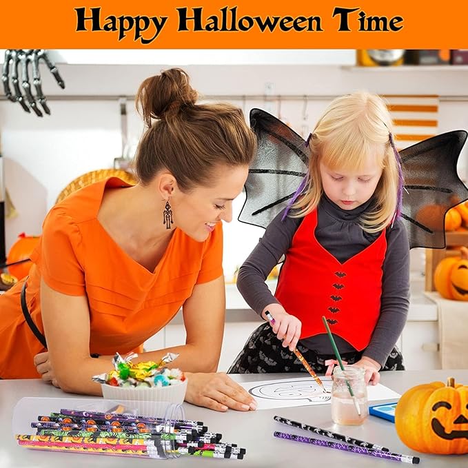 50Pcs Halloween Pencils Kids Colored Pencils with Erasers Assorted Pattern Pencils for Halloween Gifts Party Favors Trick or Treat Halloween Goodies Bags Filler Classroom Rewards for Child Adult