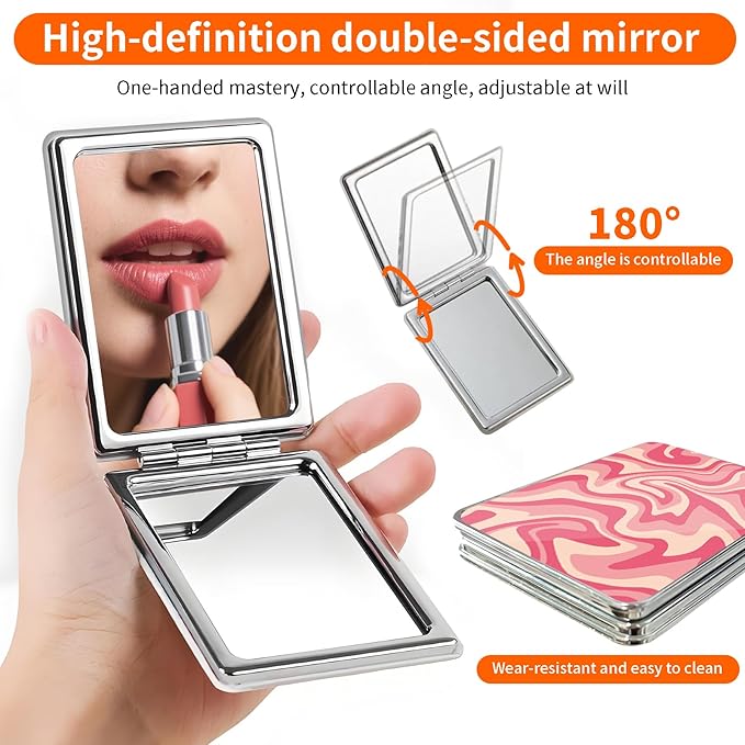 Compact Pocket Mirror, Cute Travel Mini Mirror with Magnification, Foldable Double-Sided Portable Cosmetic Mirror for Men, Women Pink Swirl Wavy
