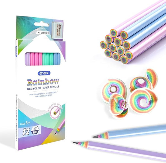 ECOTREE Pre-Sharpened Pencils #2 Eco Rainbow Paper Pencils for Kids Cute Number 2 Pencil with Erasers for School, Writing,12 Count