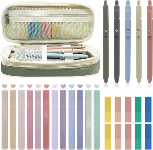 20Pcs Aesthetic Stationary Set with Big Capacity Pen Case Bag 5 Quick Dry Retractable Black Ink Pens12 Colors Chisel Tip Cute Highlighters 200 Sheets Sticky Index Tabs Aesthetic School Supplies