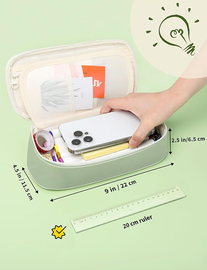 SUNEE Cute Pencil Case, Aesthetic Pen Pouch, Colored Large Pencil Bag with Zipper, Kawaii Stationery Storage and Organizer, Green School Supplies for Teen and Adult Girls