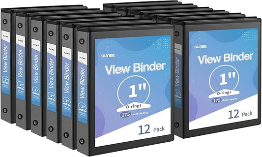 SUNEE 3 Ring Binder 1 Inch 12 Pack, Clear View Three Ring PVC-Free (Fit 8.5x11 Inches) for School or Office Supplies, Black