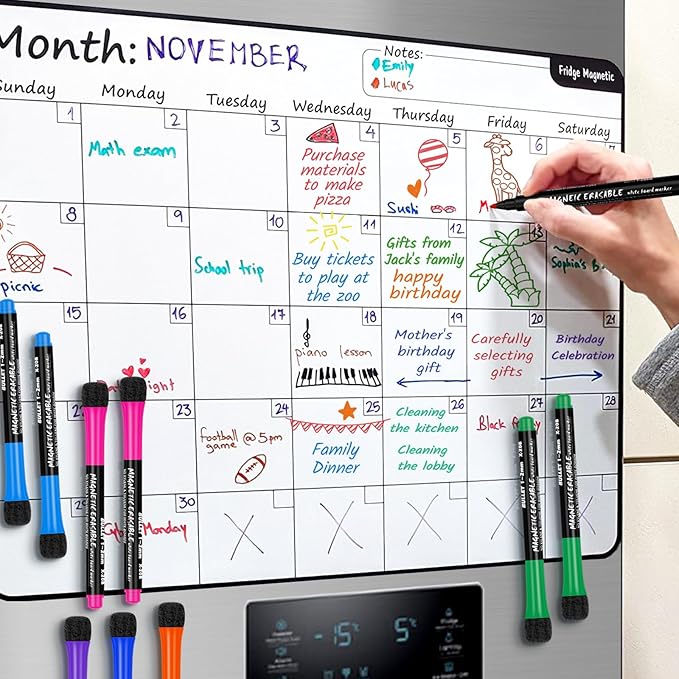 Magnetic Dry Erase Markers Fine: 12 Count 6 Colors Erasable Whiteboard Markers Fine Point with Eraser Cap, Low Odor White Board Dry Erase Pens Fine Tip for Kids & Teachers, Home, Office