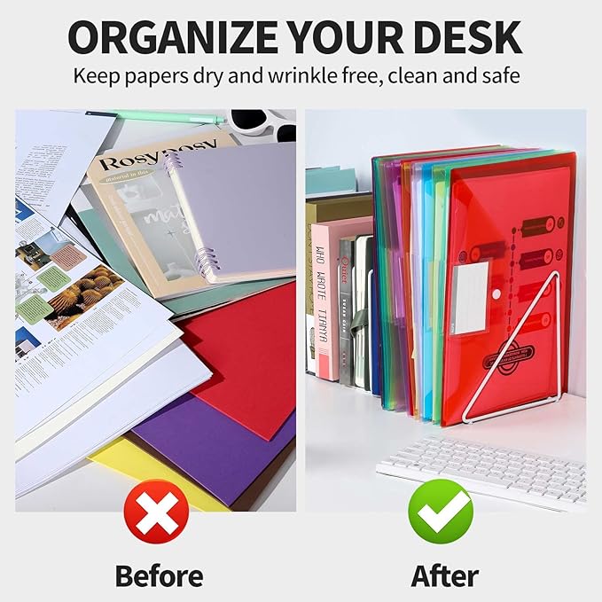 LEOBRO Plastic File Folders with Pocket, 24PCS Plastic Envelopes with Snap Closure, Folders for Documents, Reusable File Bags, A4 Size