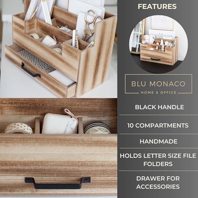 BLU MONACO Natural Wood Mail Organizer with Drawer, 5 Compartments, Desk Organizer for Women Office Desk Organization, 12.9x5.7x9 inches, 4.1 pounds